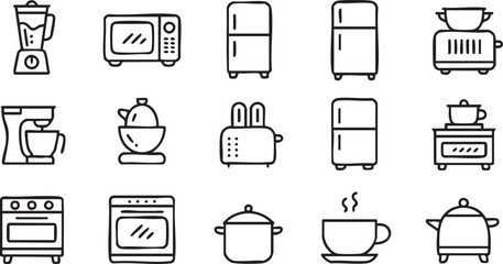Household device and kitchen gadget icons for culinary design and restaurant graphics