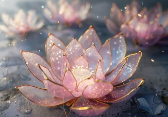 Delicate, translucent pink lotus flowers with gold accents float on a dark, wet surface.  Sparkling particles surround them, creating a dreamy, ethereal atmosphere