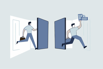 job rotation in people management, entrepreneur arrives at workplace as colleagues depart for new positions.