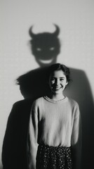 Smiling girl casts a shadow resembling a demonic figure, blending innocence and mystery in a compelling artistic photograph.