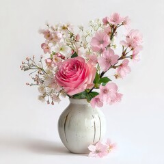 ピンクのバラと白い花のアレンジメント白い花瓶に