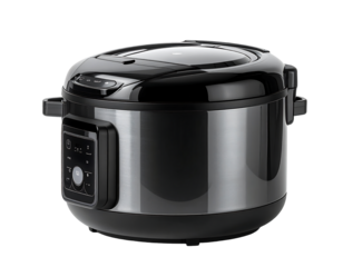 Sleek, black and stainless steel multi-cooker with digital controls and a clear glass lid