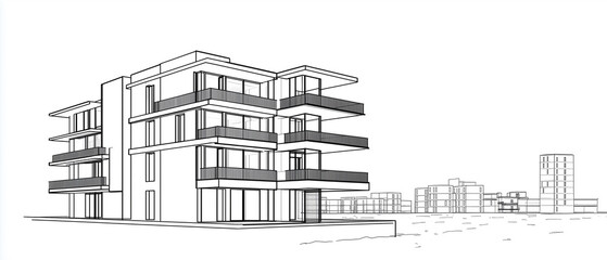 Minimalist black and white isometric drawing of a two-story modern apartment building with geometric structure
