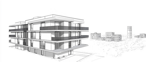 Minimalist black and white isometric drawing of a two-story modern apartment building with geometric structure