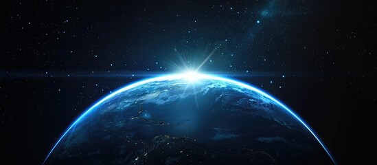 A captivating view of Earth from space, bathed in the radiant glow of a rising sun, with the planet's curvature and atmospheric details clearly visible against the backdrop of a star-studded cosmos