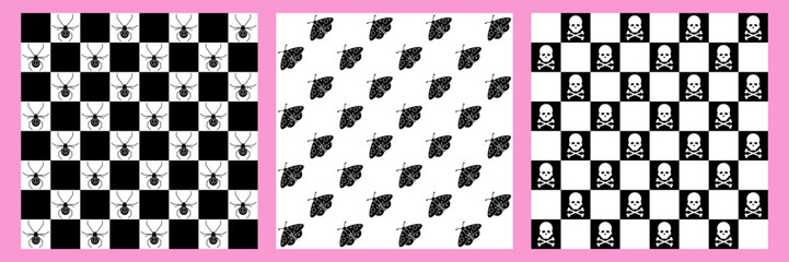 Halloween monochrome geometric pattern set. Retro style art collection with black checkered background and spiders, bats, moths, skull and bones