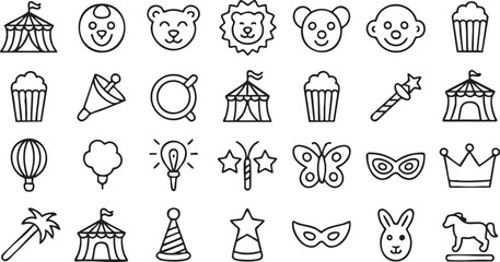 Circus and carnival vector icons for festival celebration and entertainment design