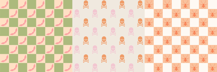 Halloween geometric pattern set. Retro style art collection with colorful checkered background and spiders, bats, moths, skull and bones