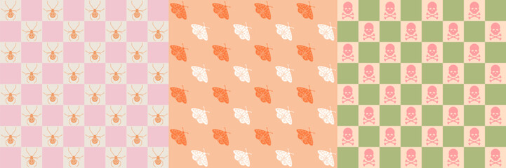 Halloween geometric pattern set. Retro style art collection with colorful checkered background and spiders, bats, moths, skull and bones