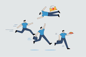 Game changer, businessman who flies in rocket backpack in different directions than other competitors.