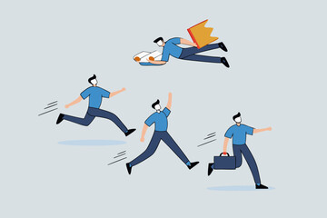 Game changer, businessman who flies in rocket backpack in different directions than other competitors.