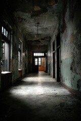 Obraz premium Abandoned hospital hallway, dimly lit, showing peeling paint, broken walls, and cracked ceiling