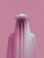 A mysterious figure shrouded in a pink veil topped with a delicate floral crown, set against a matching pink backdrop.