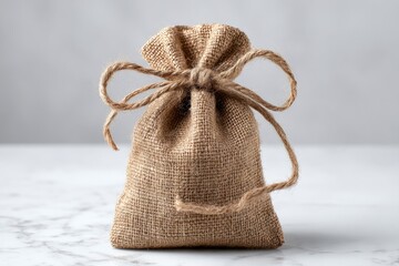 A small burlap pouch tied with twine