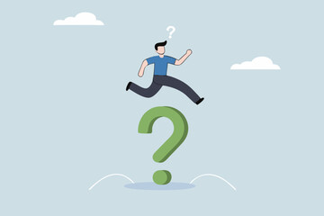 Solution to solve business problem, entrepreneur leaps over large question mark symbol.
