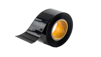 A roll of glossy, black, flexible film or sheeting unwound slightly, showing its reflective surface and a yellow cardboard core