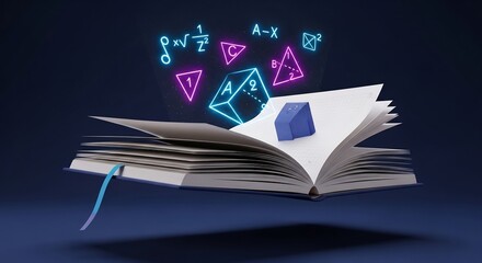 Glowing Neon Math & Geometry: Formulas Emerge from Open Book, Symbolizing Digital Learning