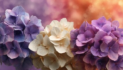 Fototapeta premium Close-up of three hydrangea blossoms in shades of purple and cream, with water droplets, set against a soft, colorful background