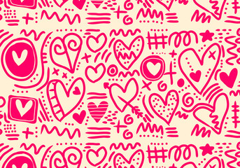 Pattern design with colorful hearts and hand drawn, Vector romantic background.