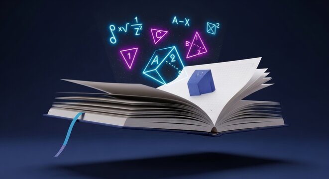 Glowing Neon Math & Geometry: Formulas Emerge from Open Book, Symbolizing Digital Learning