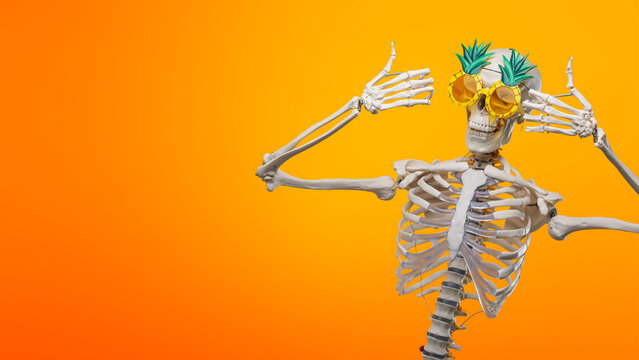 A skeleton showing his happy thumb with pinneapple background 4K HD