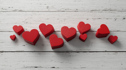 Red heart blocks on a white wooden background. Minimal creative love concept theme