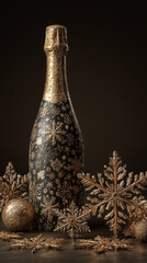Bottle of champagne with gold carving element details for Christmas and New Year party