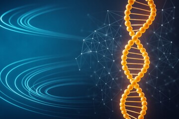 Glowing DNA strand structure with scientific light effects on abstract digital blue background showing biology, technology and genetics concept.