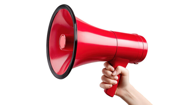 Hand holding a red megaphone against a black background