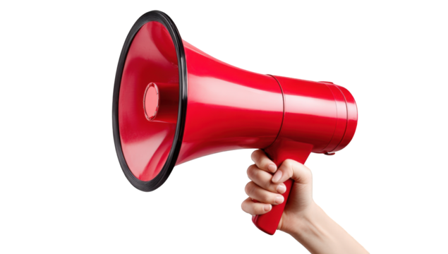 Hand holding a red megaphone against a black background