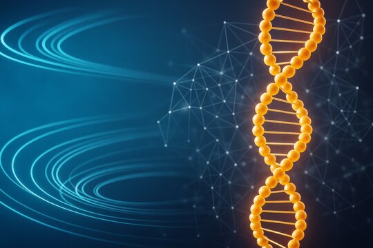 Glowing DNA strand structure with scientific light effects on abstract digital blue background showing biology, technology and genetics concept.