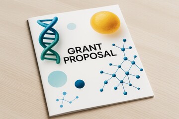 Scientific grant proposal booklet on light wood background with DNA helix and molecular structure, illustrating a research funding concept. Ai generative
