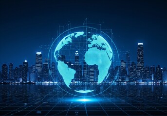 Blue world map with global business and technology concept