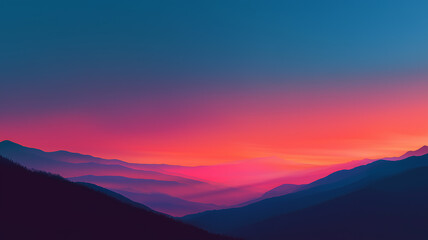 Fototapeta premium Sunset or sunrise in the mountains - concept landscape. Pink dawn sky. Creative poster. AI artwork. 