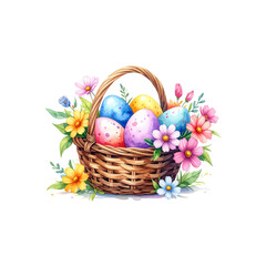 Fototapeta premium A wicker basket overflowing with colorful Easter eggs and spring flowers