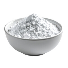 A white ceramic bowl filled with a mound of fine, white powder