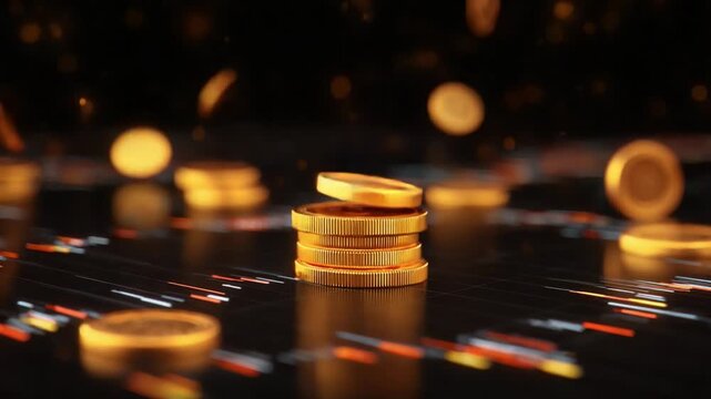 Golden coins representing cryptocurrency falling and stacking over a reflective surface displaying a moving financial chart, symbolizing investment, digital currency trading, and market trends