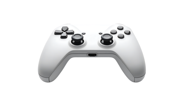 Off-white wireless game controller with black buttons, thumbsticks, and directional pad; USB-C port visible