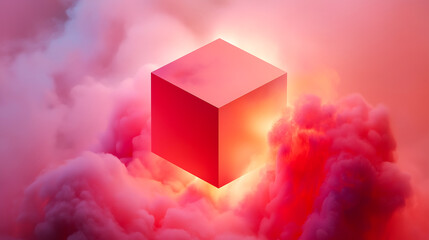 Surreal red cube floating in colorful mist, glowing with internal light. Dreamlike atmosphere ideal for tech, sci-fi, or abstract concept visuals.