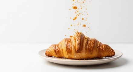 Golden Croissant Delight: Crumbs Falling on Freshly Baked Pastry