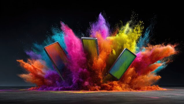 Colorful explosion surrounds rectangular devices