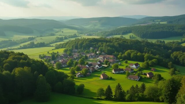 View above green field and farm village with lovely houses, countryside and rural scenic, picturesque landscape farmland