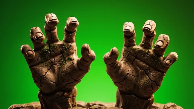 Terrifying zombie hands raising from the grave, with cracked earthy skin emerging from the ground against a vivid green background for Halloween