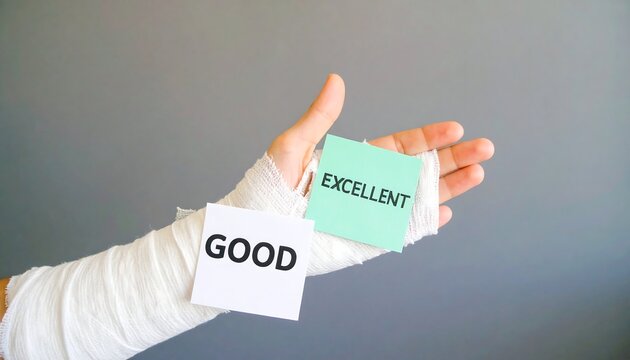 Injured arm holds notes reading "good" and "excellent