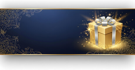 An Exquisite Golden Gift Box Adorned with Sparkles Set Against an Elegant Background