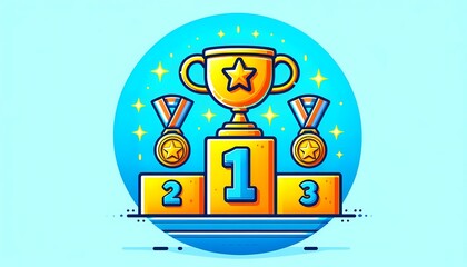 Naklejka premium Cartoon Style Podium with Trophy and Medals Illustrating Success and Achievement