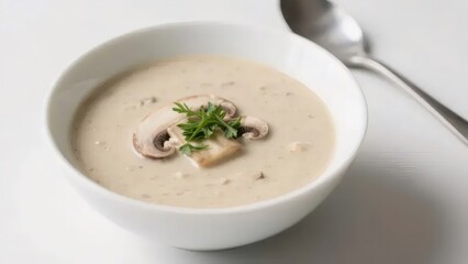 白い背景のボウルに入ったマッシュルームスープ