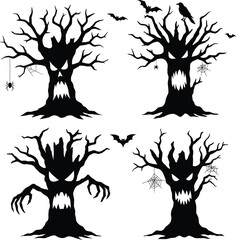 Spooky halloween trees with scary faces bats and crow silhouettes for holiday decorations