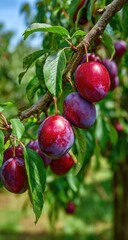 Obraz premium Plums hanging on a branch. Lush green leaves surround plump, deep red plums