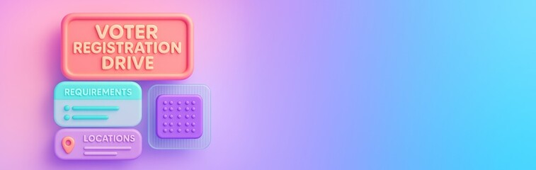 Voter registration drive banner with colorful 3D-style buttons for requirements and locations on soft gradient background with copy space on right. Ai generative